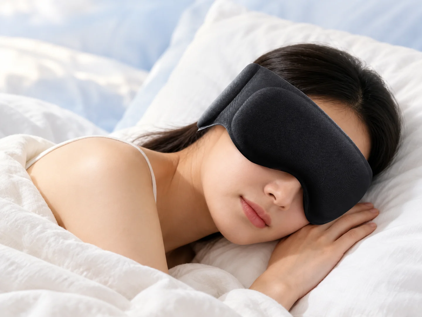 Woman wearing the black contoured mask while resting on her side with her head on a pillow