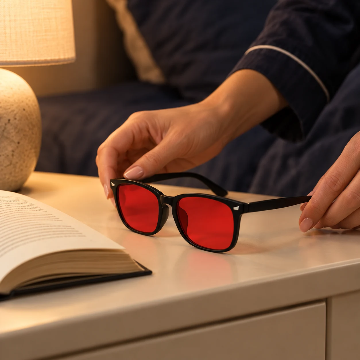 Hands setting red-lens glasses beside a book before sleep