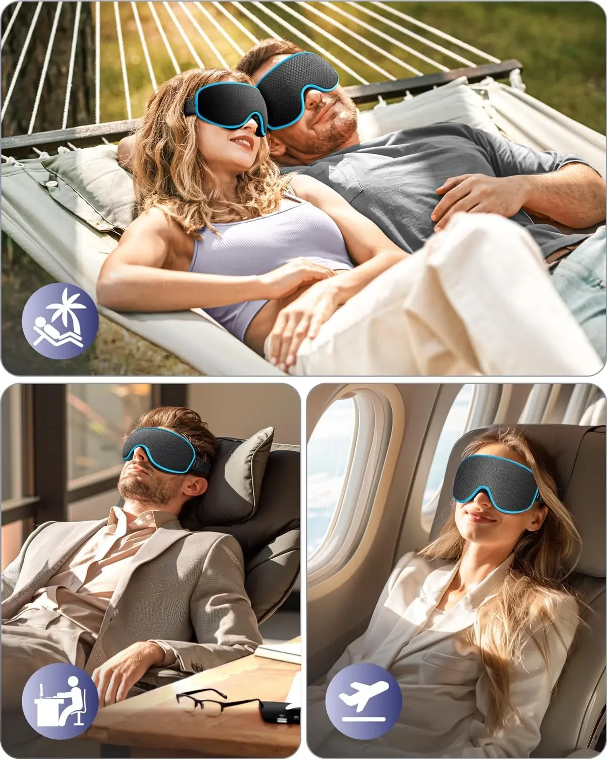 Supplier collage showing the blue-trim mask during hammock, seated and airplane rest