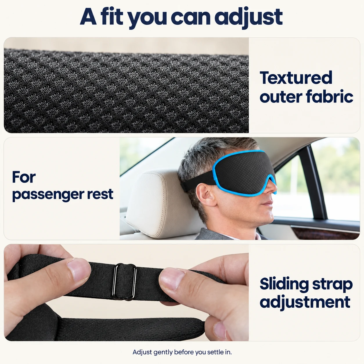 Fabric close-up, passenger wearing the mask and hands adjusting the sliding strap
