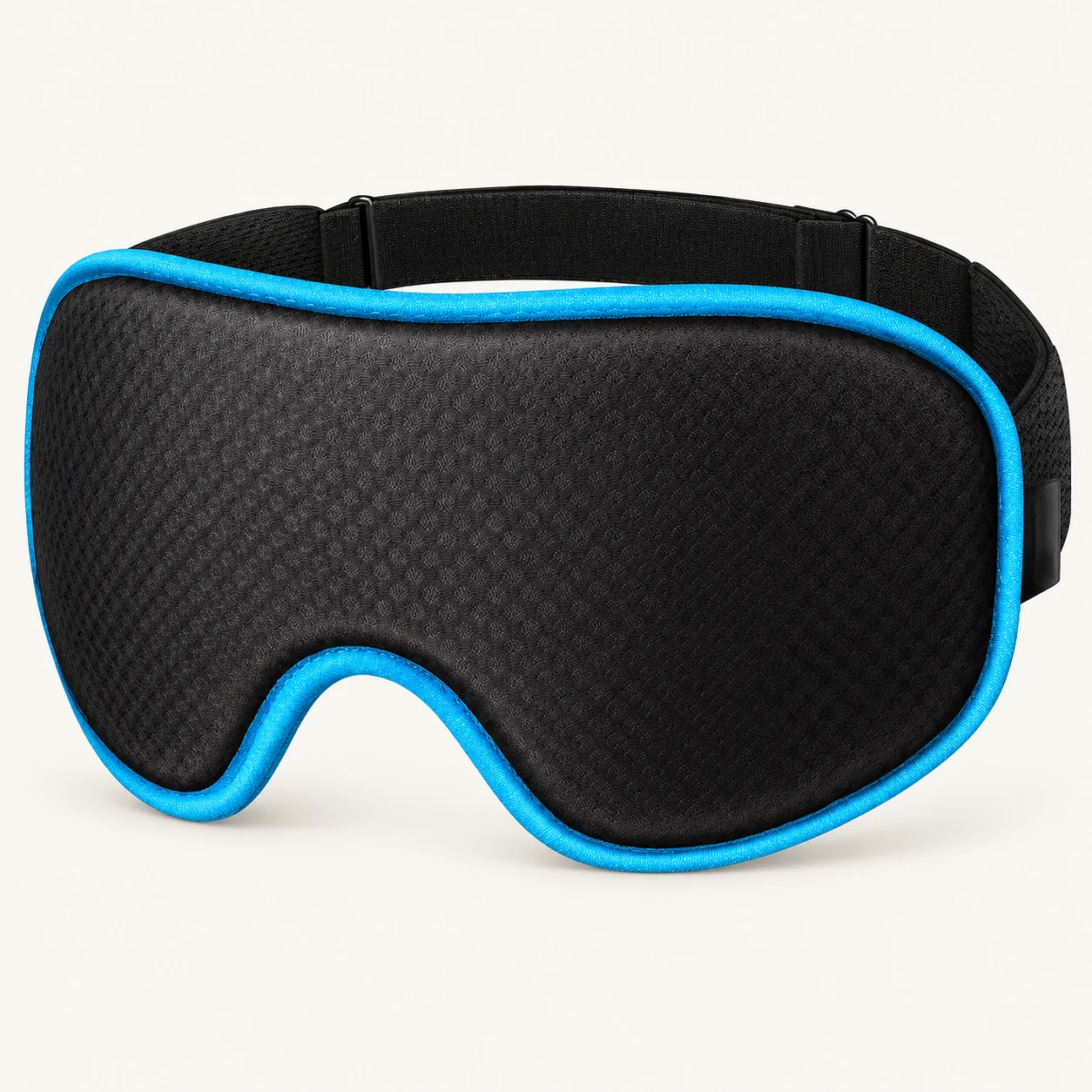 Black contoured sleep mask with blue trim and an adjustable black strap