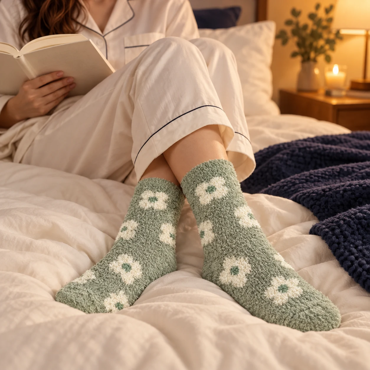 Plush Pattern Sleep Socks in Green · Flowers — lifestyle illustration