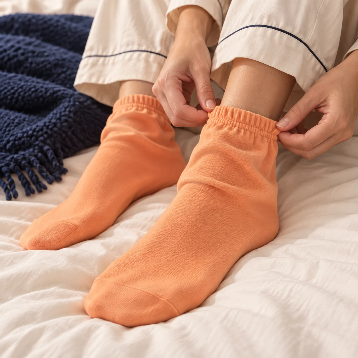 Hands checking the gathered cuff of an orange sleep sock