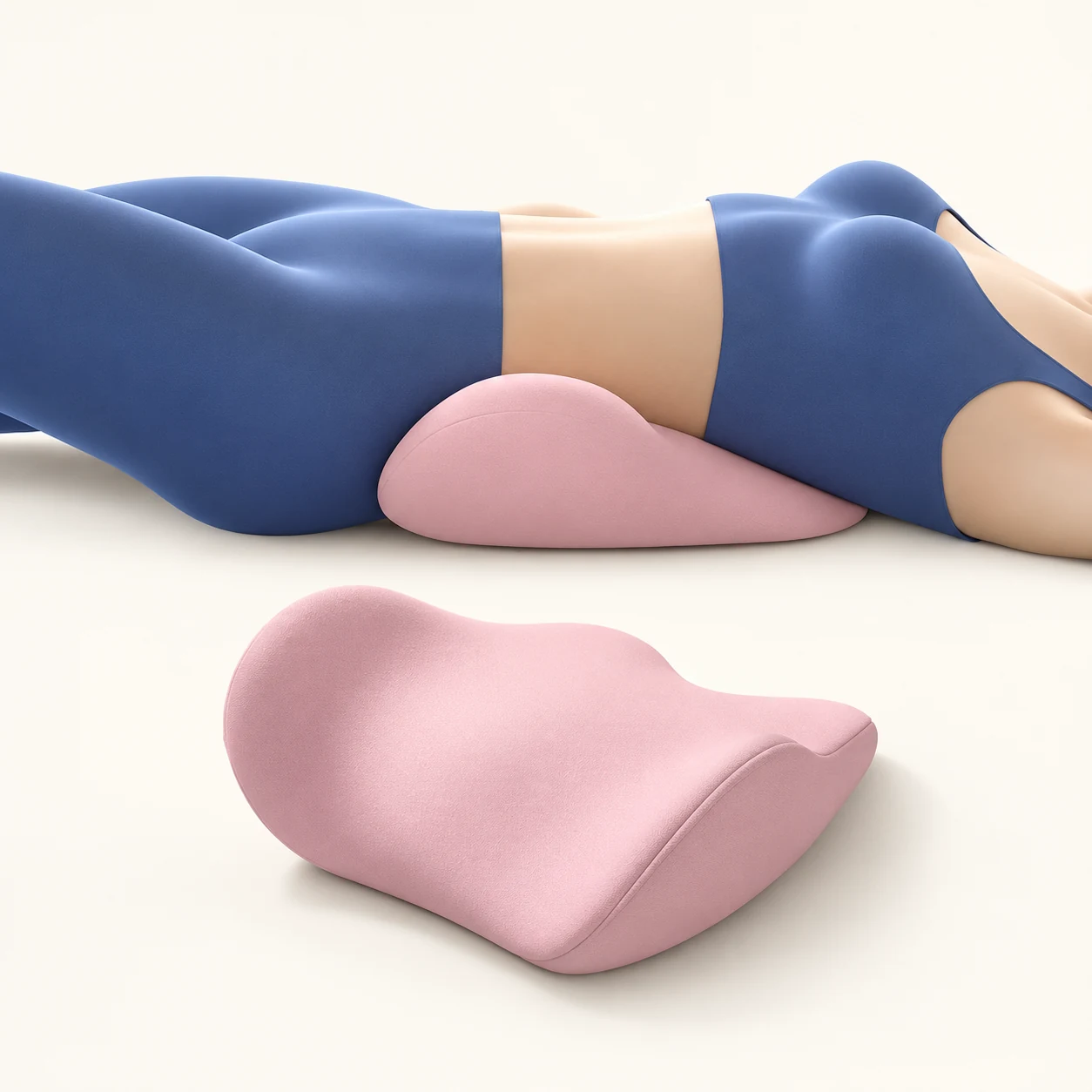 Illustration of the pink cushion placed beneath the waist, with a separate product view