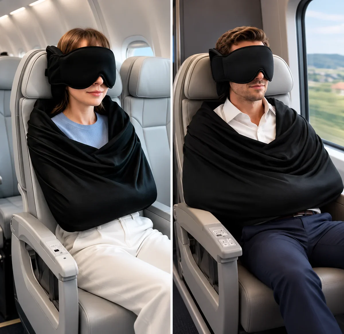 Travellers seated on a plane and train wearing the kit