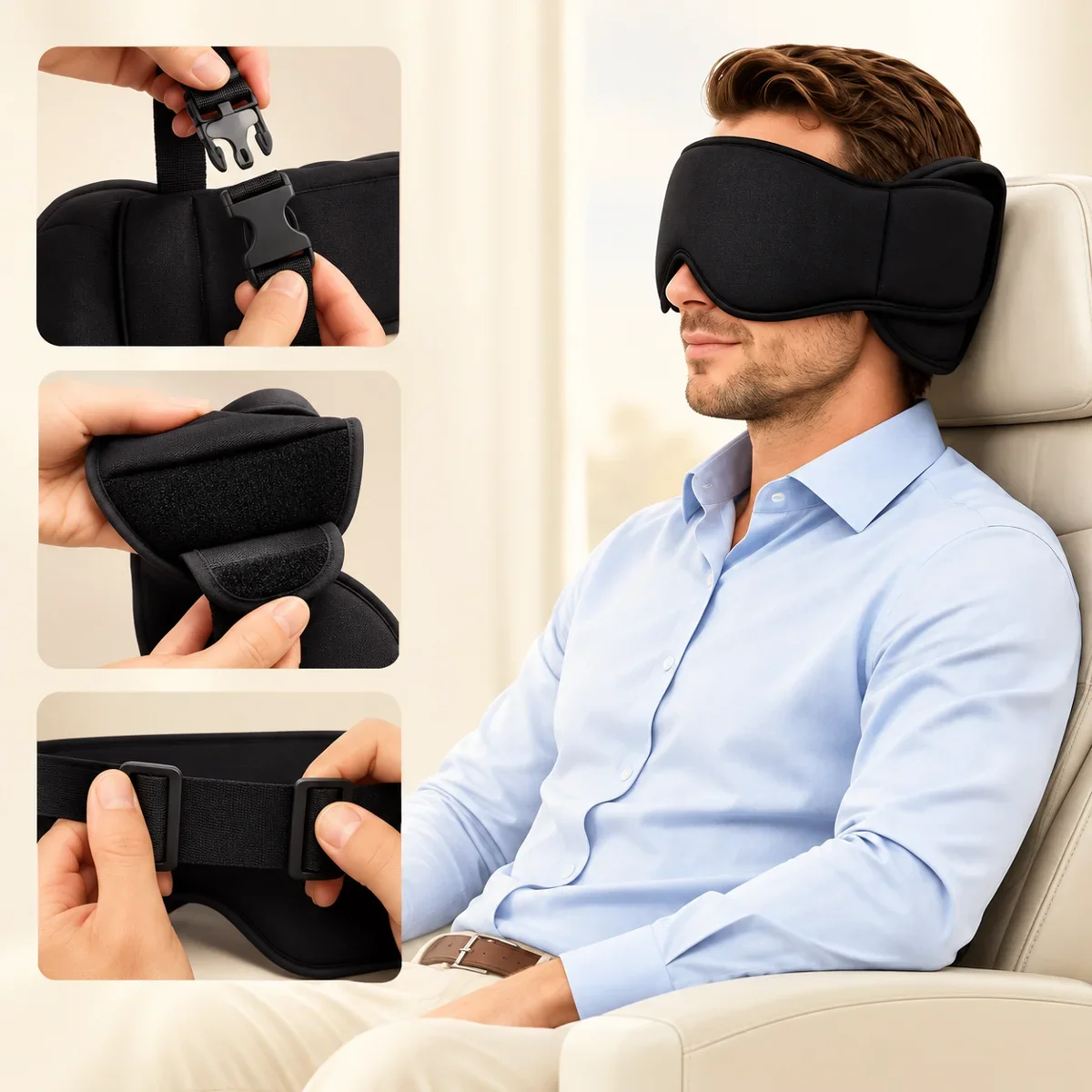 Side view of the travel mask and close views of adjustable fasteners