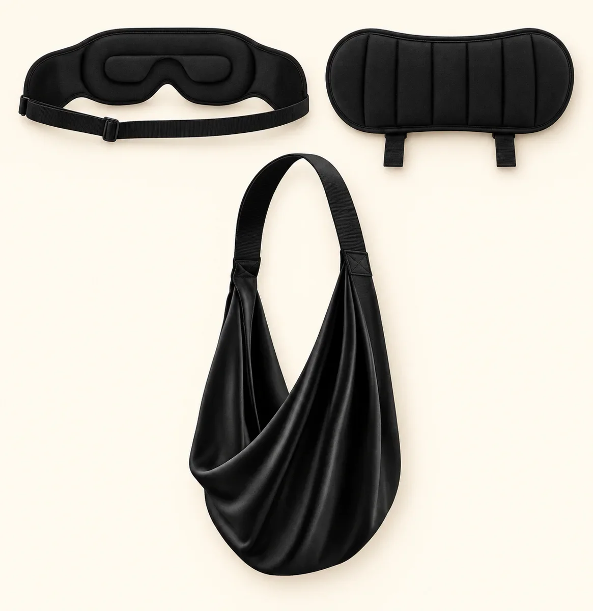 The three black pieces: eye mask, headrest pad and fabric arm sling