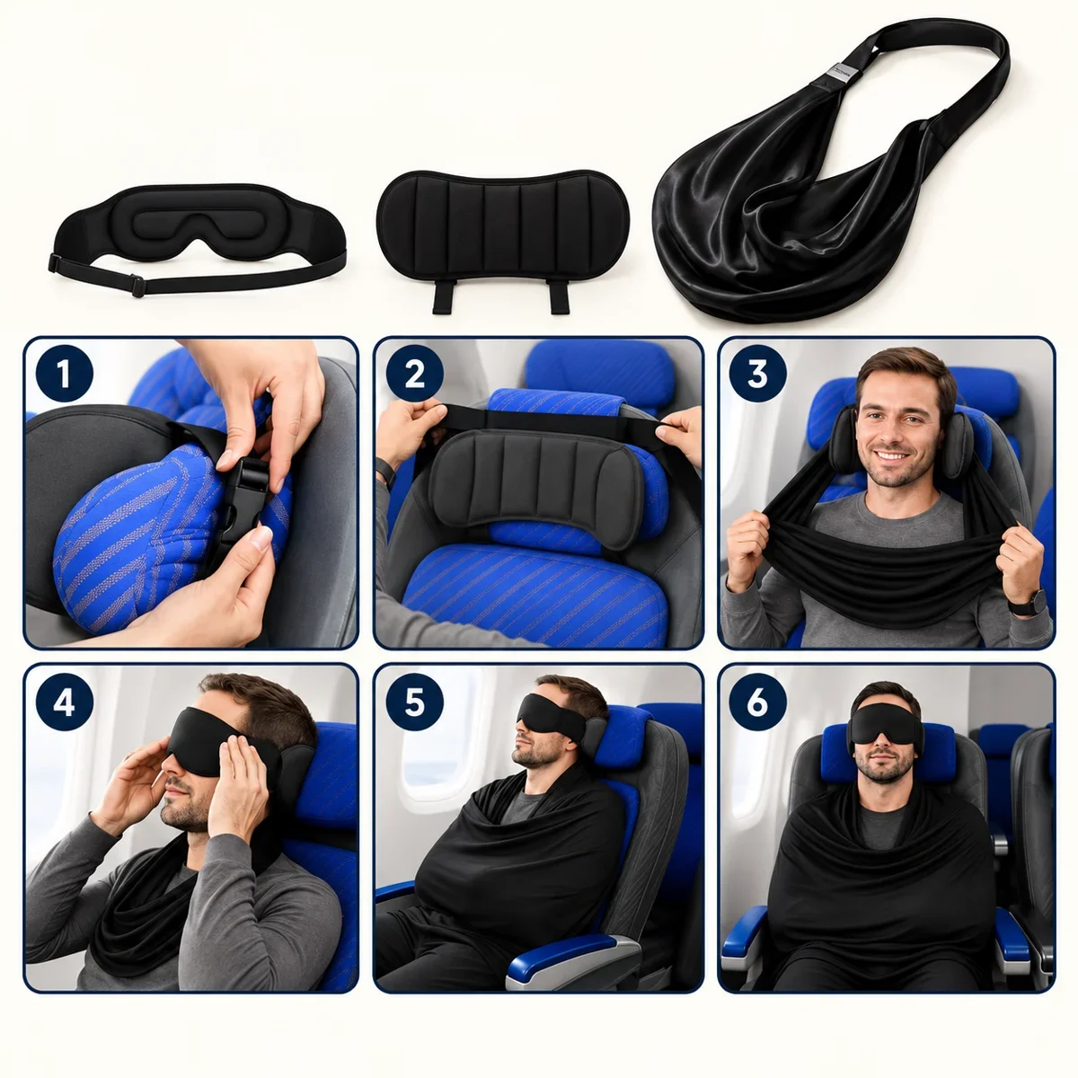 Six illustrated steps for positioning the travel rest kit