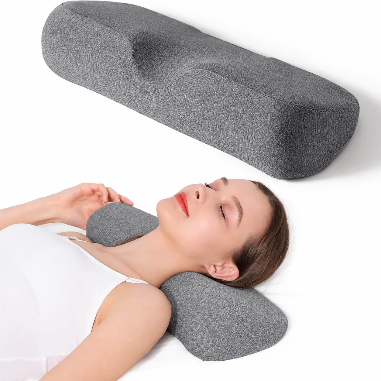 Grey wave pillow and an illustration of its placement beneath the neck